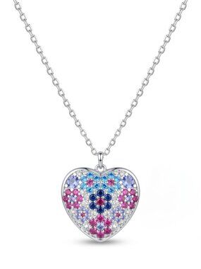 Blue and Pink Mosaic Flower Heart Gemstone Necklace, 925 Sterling Silver Charmed